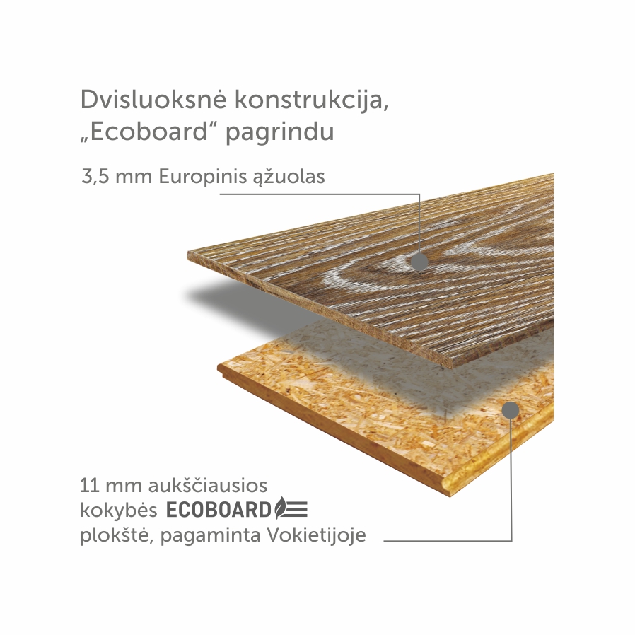 Dvisluoksnė ąžuolinių grindų konstrukcija Ecoboard pagrindu