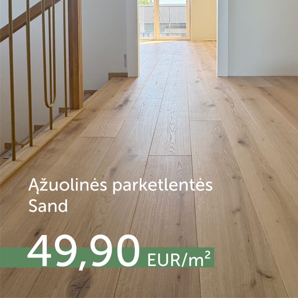 Sand spalvos ąžuolinės grindinės lentos 49,90 Eur/m²